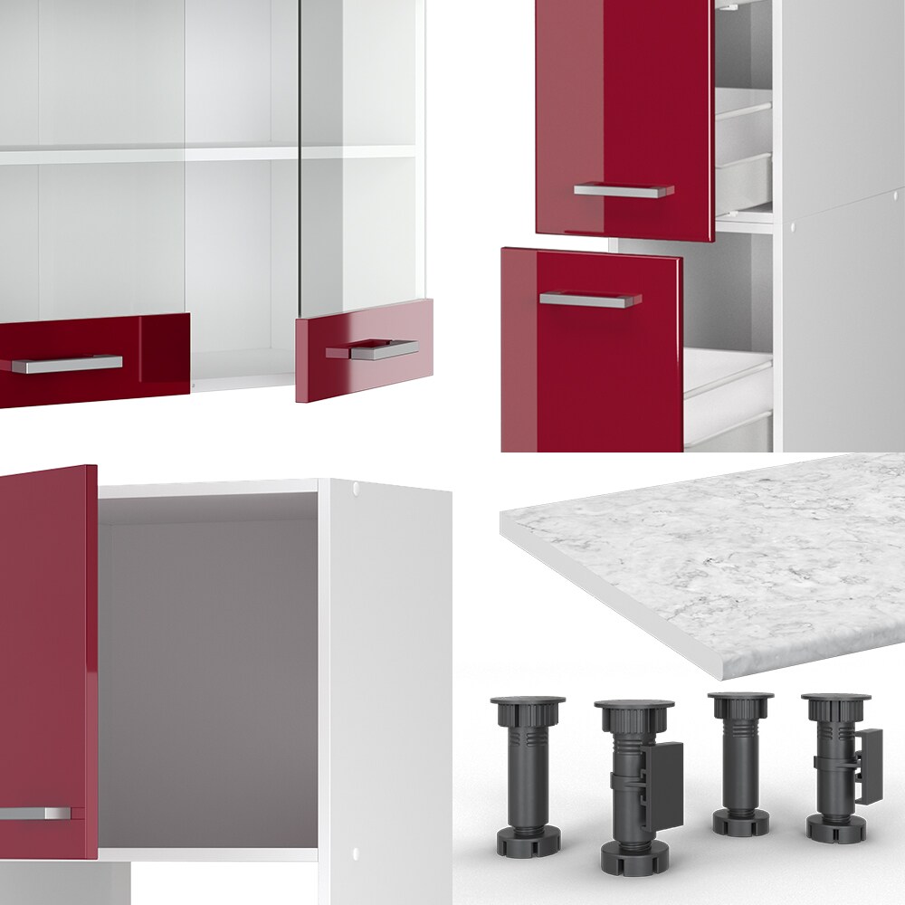 Vicco Küchenzeile Küchenblock Einbauküche R-Line 350 cm Weiß Bordeaux Arbeitsplatte Hochglanz