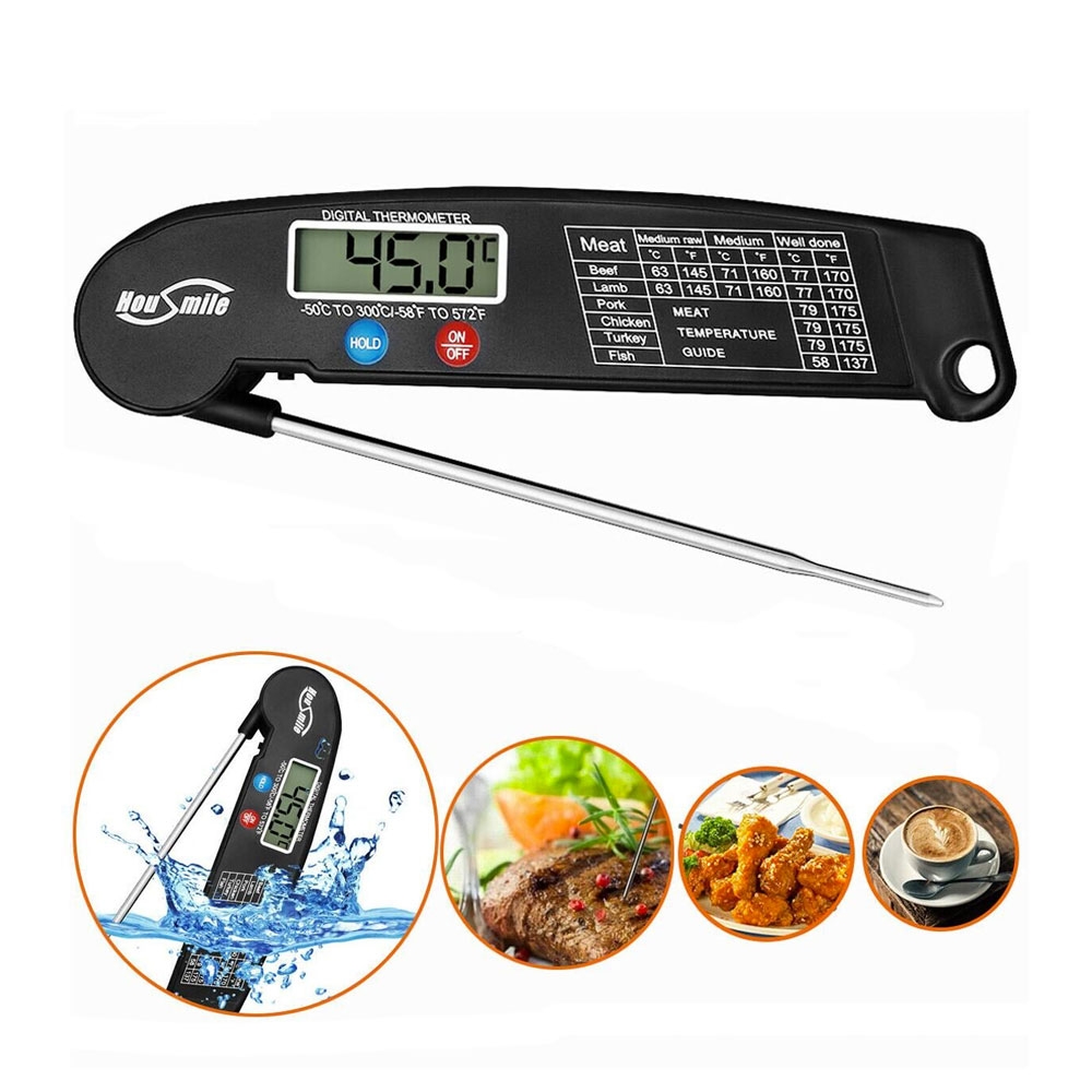 Faltbares Digitales Fleisch Grill BBQ Küchen Thermometer mit LCD Display   Temperaturtabelle (Batteriebetrieben)