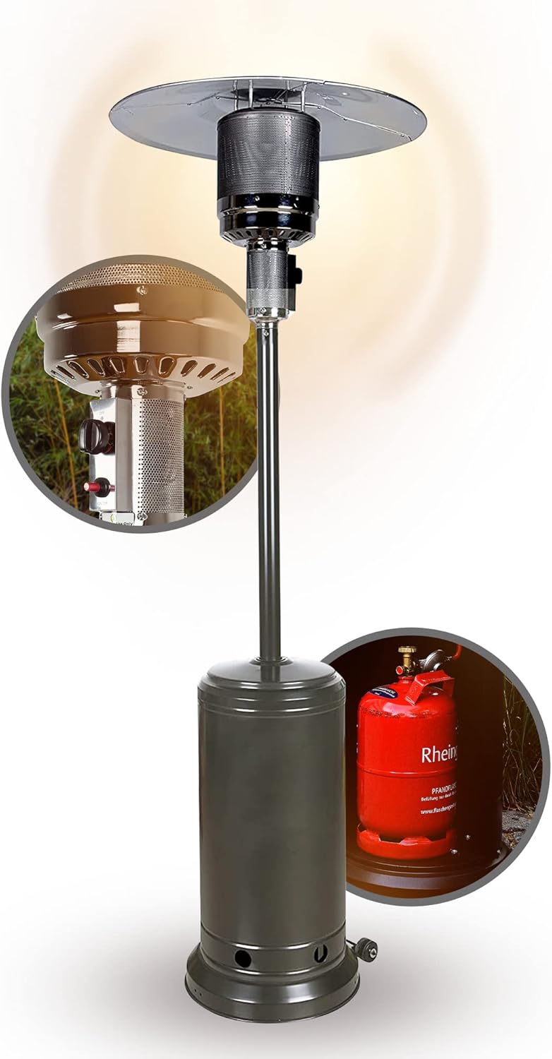APANA 14kW Gas Heizpilz Bellamente ONE – Terrassenheizer mit Abschaltautomatik, Umkippsicherung, Gasheizstrahler für außen, Anthrazit, Outdoor Heizstrahler, Transportrollen Balkon Garten