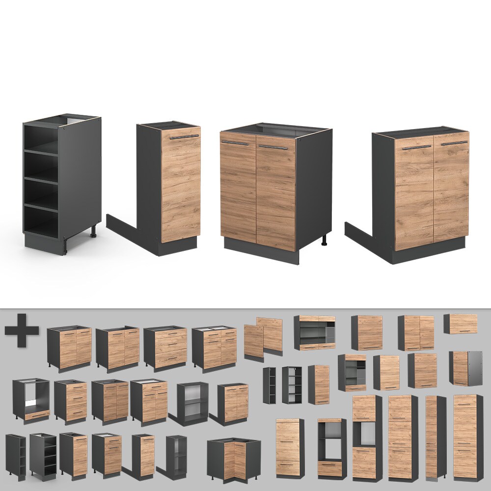 Vicco Kücheninsel Küchenblock Einbauküche Fame-Line Anthrazit Eiche Goldkraft 90 cm modern Hochglanz Küchen Schränke Regalunterschrank Küchenunterschrank Regalinselunterschrank Softclose-Scharnier Küchenmöbel