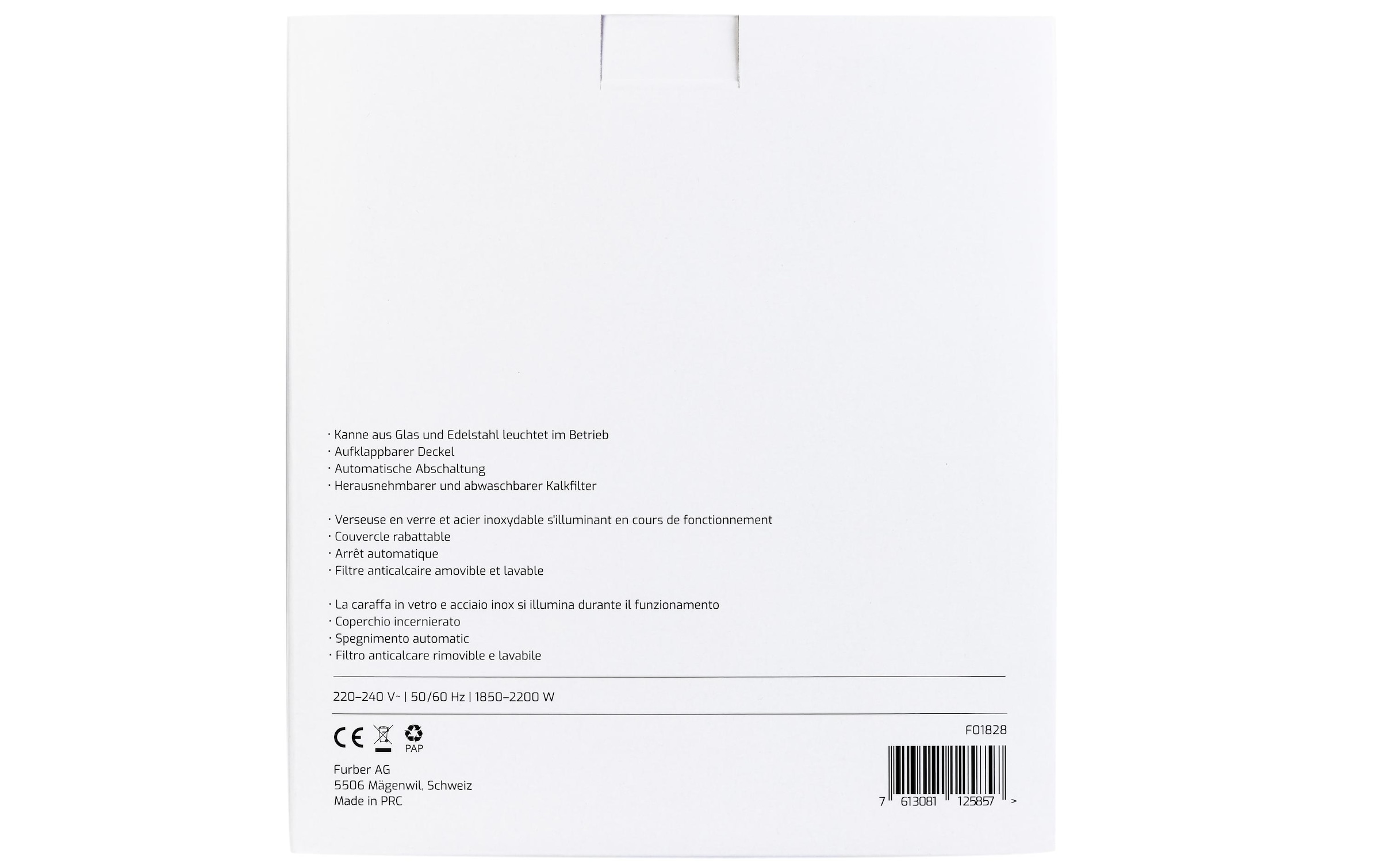FURBER Wasserkocher »Vetro 1,7 l« 1,7 l 1850 W