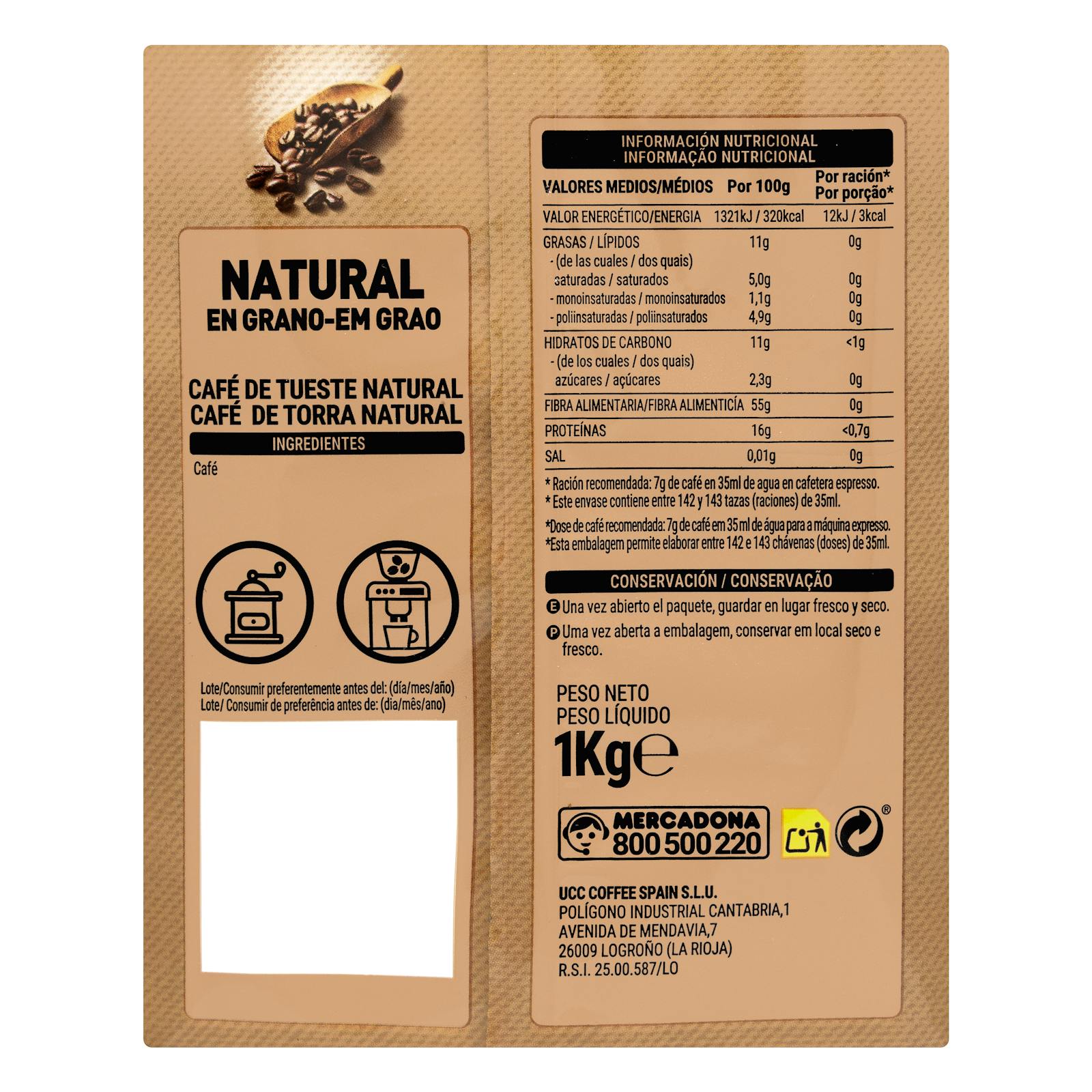 Grains de café naturels Hacendado