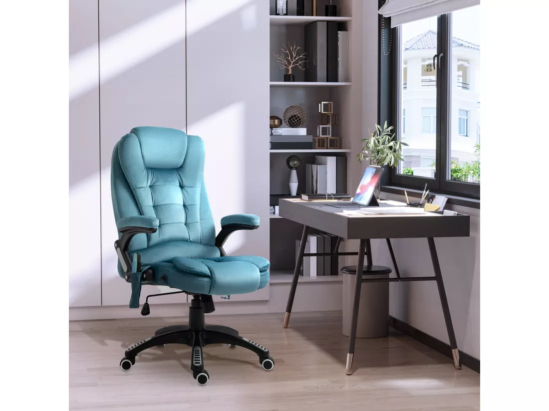 Fauteuil de bureau direction massant chauffant hauteur réglable dossier inclinable toile de lin bleu