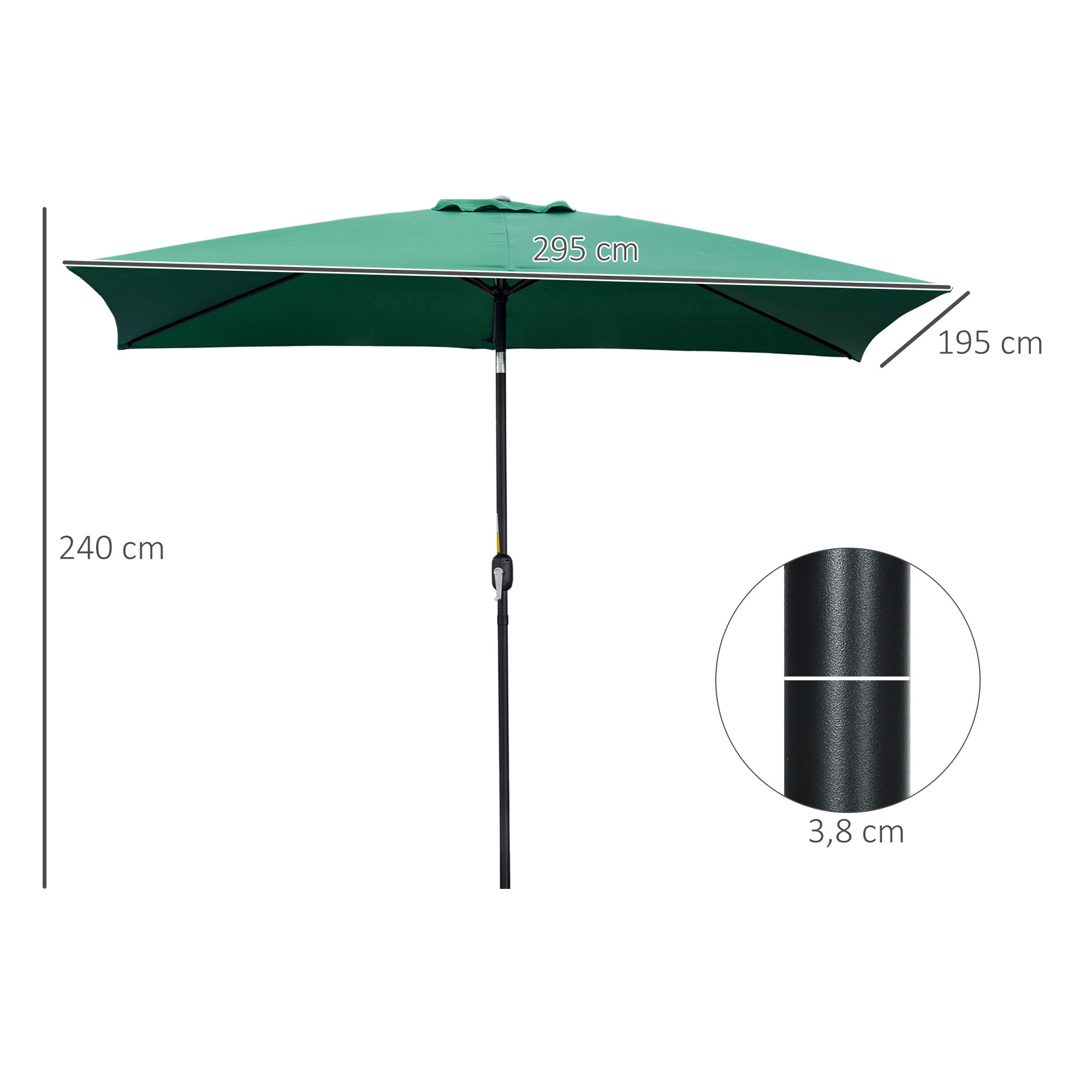 Guarda-sol retangular de alumínio Outsunny, 200x300x240 cm, com manivela e mastro removível, ideal para terraços, piscinas, pátios e áreas externas verdes.