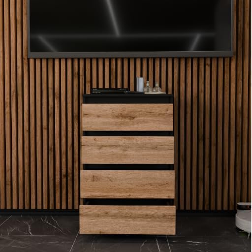 Kommode mit 4 Schubladen - Holz Sideboard 60 x 92,5 x 33,5 cm (B/H/T) - Schmale Kommode für Schlafzimmer & Flur - Regal mit Schubladen - Schrank mit Schubladen (Schwarz Matt - Wotan)