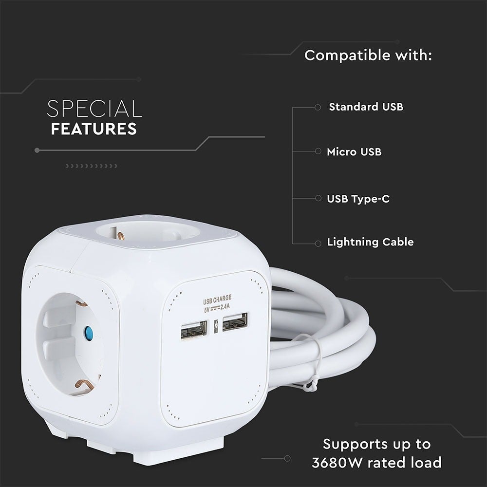 4-voudig verlengsnoer - USB - IP20 - Wit - 1,4 m kabel - stopcontact - Power Cube