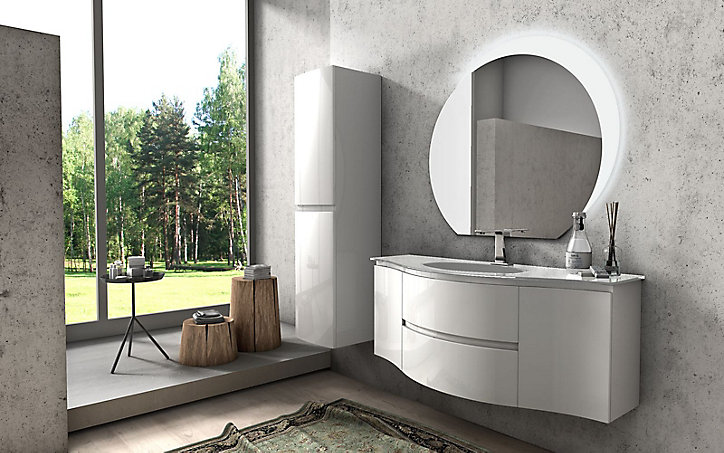 Meuble sous vasque blanc Vague 138 cm + complément gauche et droit + plan vasque en verre