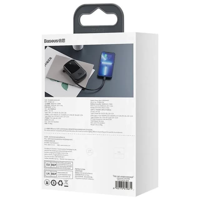 Powerbank Baseus Qpow PRO med Lightning-kabel, USB-C-port og USB 20000mAh, 20W (sort)