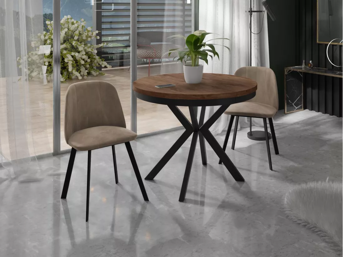 Table à Manger Extensible Ronde - Table Style Loft Avec Pieds En Métal - 90 à 170 Cm - Table Ronde Style Industriel Pour Le Salon - Compacte - Chêne Lefkas/noir - 9