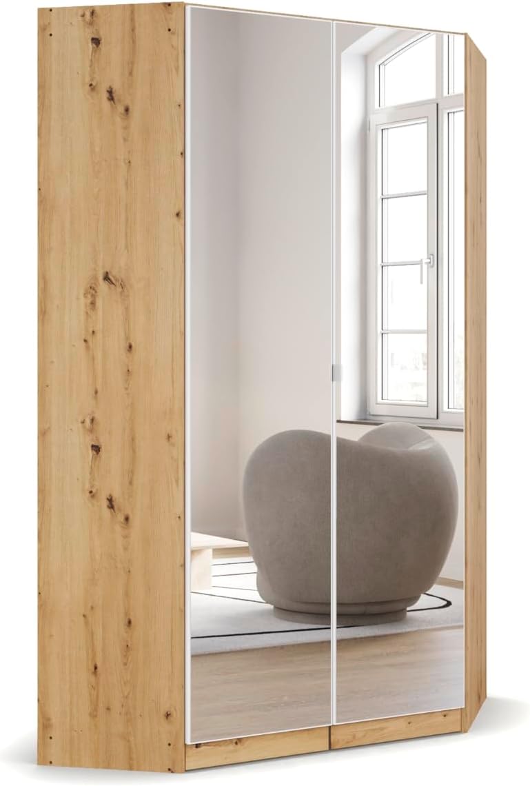 Rauch Möbel Nidda, Eckschrank mit 2 Spiegeltüren, Eck-Kleiderschrank, Kleiderschrank weiß, Garderobe, Schrank mit Stauraum, Drehtürenschrank, 2-türig, Farbe Weiß-Eiche Artisan, Holz, 117x197x104cm