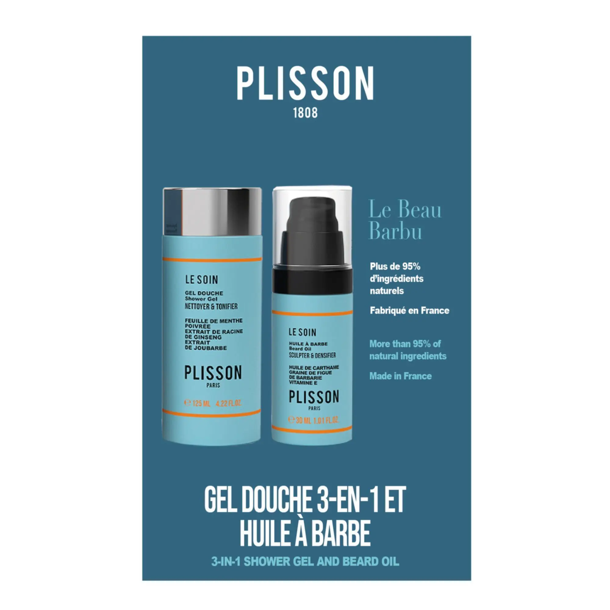 Plisson - Duo Le Beau Barbu Huile à Barbe & Gel Douche 3en1- Homme