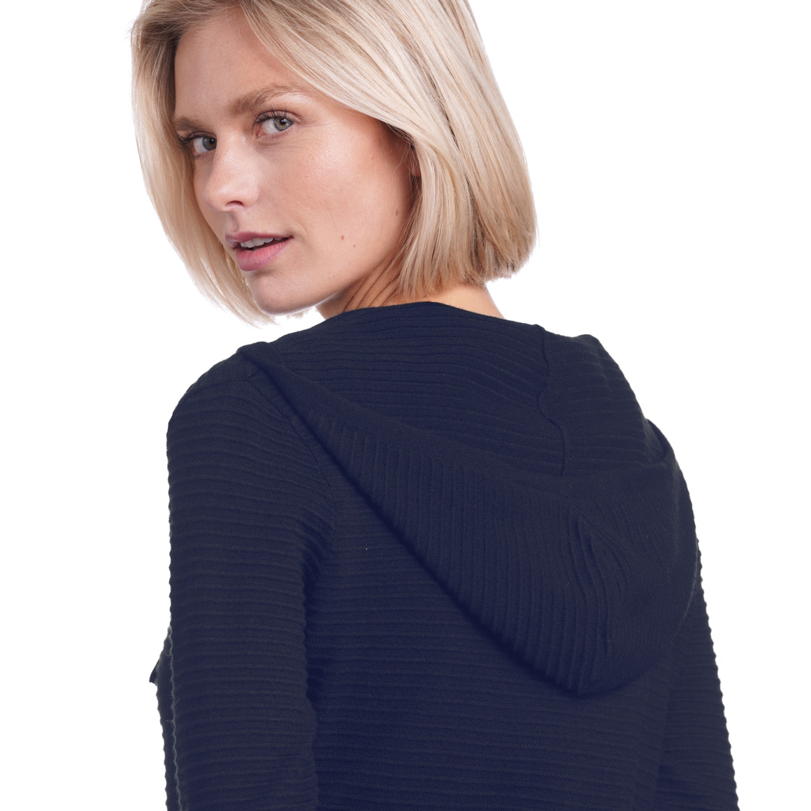 Damen Strickhoodie gerippt dunkelblau