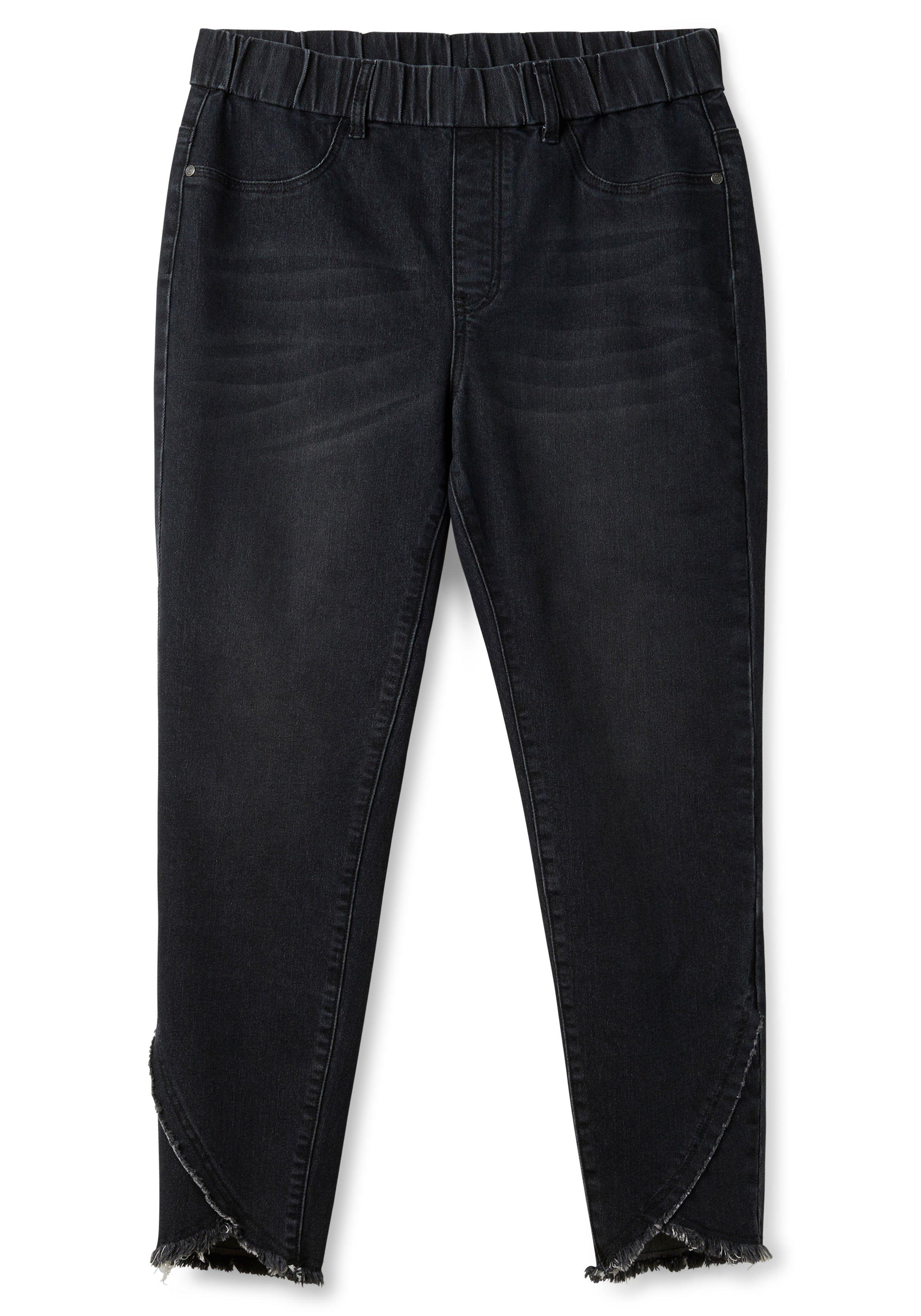 Schmale Jeans mit Gummibund und Fransensaum