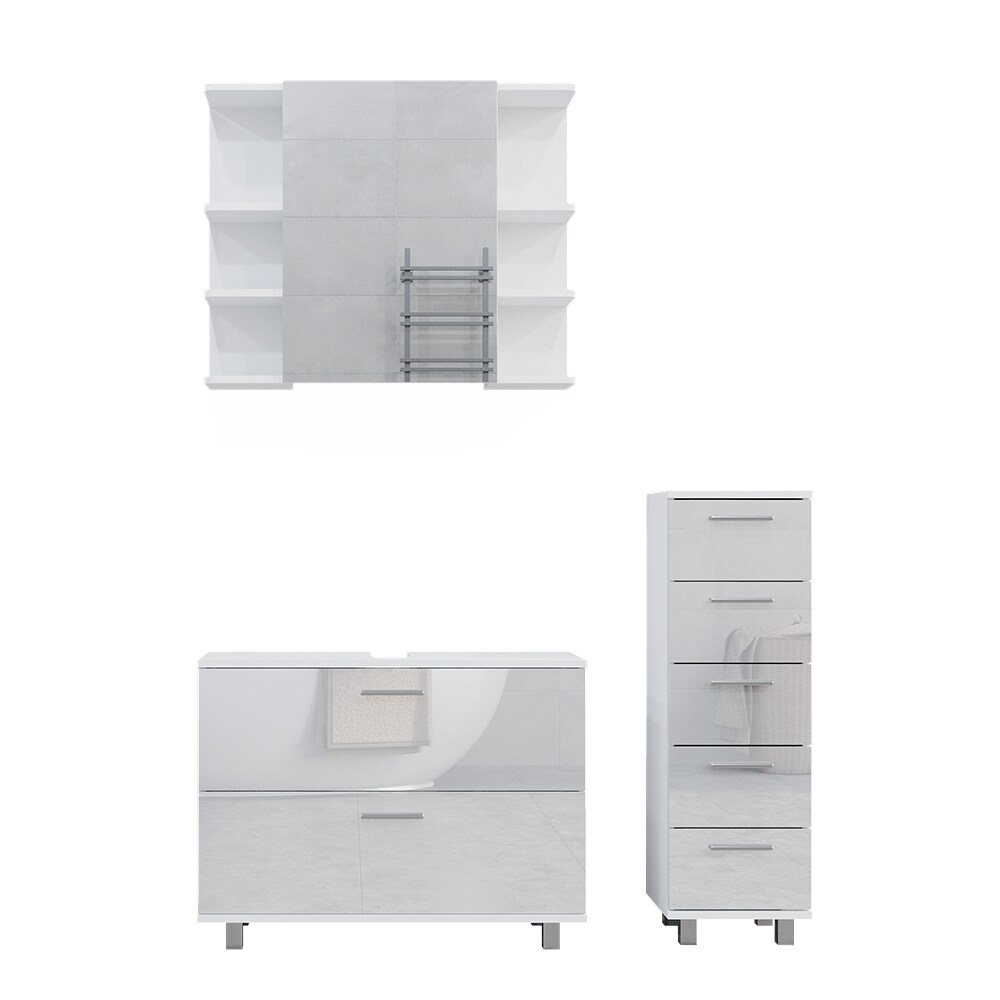 Vicco Badmöbel-Set Ilias Weiß Hochglanz modern Waschtischunterschrank Spiegelschrank Midischrank