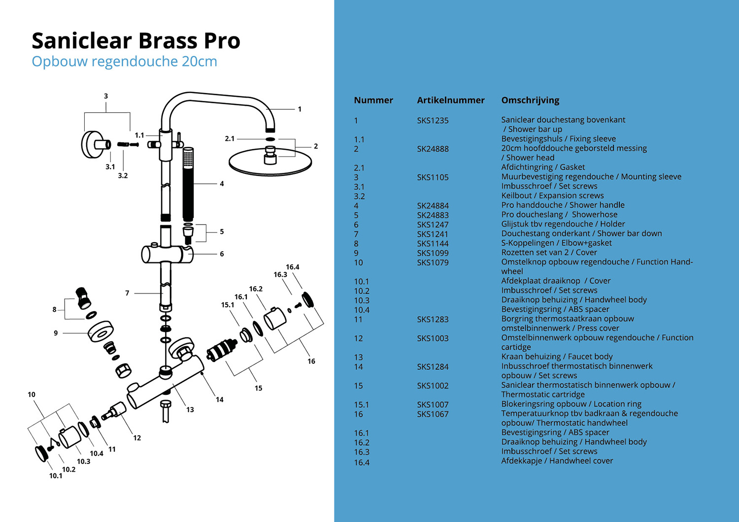 Saniclear Brass Pro opbouw regendouche geborsteld messing / mat goud 20cm hoofddouche staaf handdouche