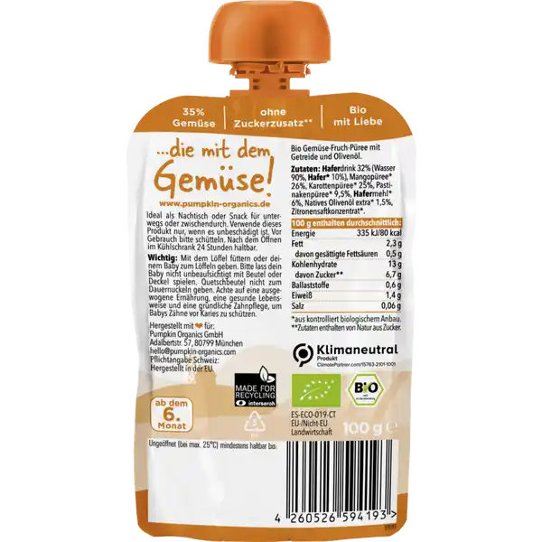 Bio Quetschie mit Hafer, Mango, Karotte & Pastinake