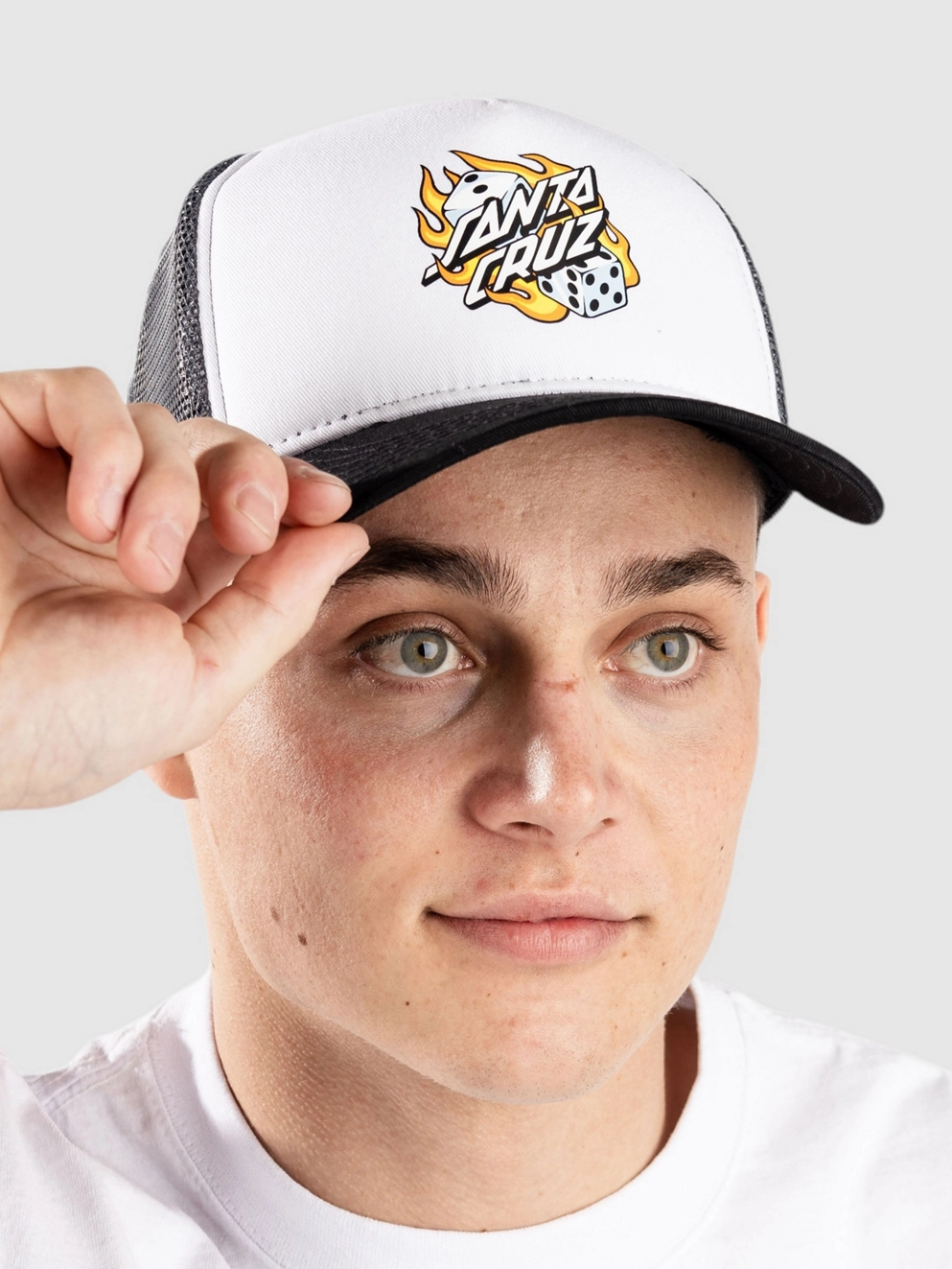 Santa Cruz Flaming Dice Dot Meshback Cap white/grey