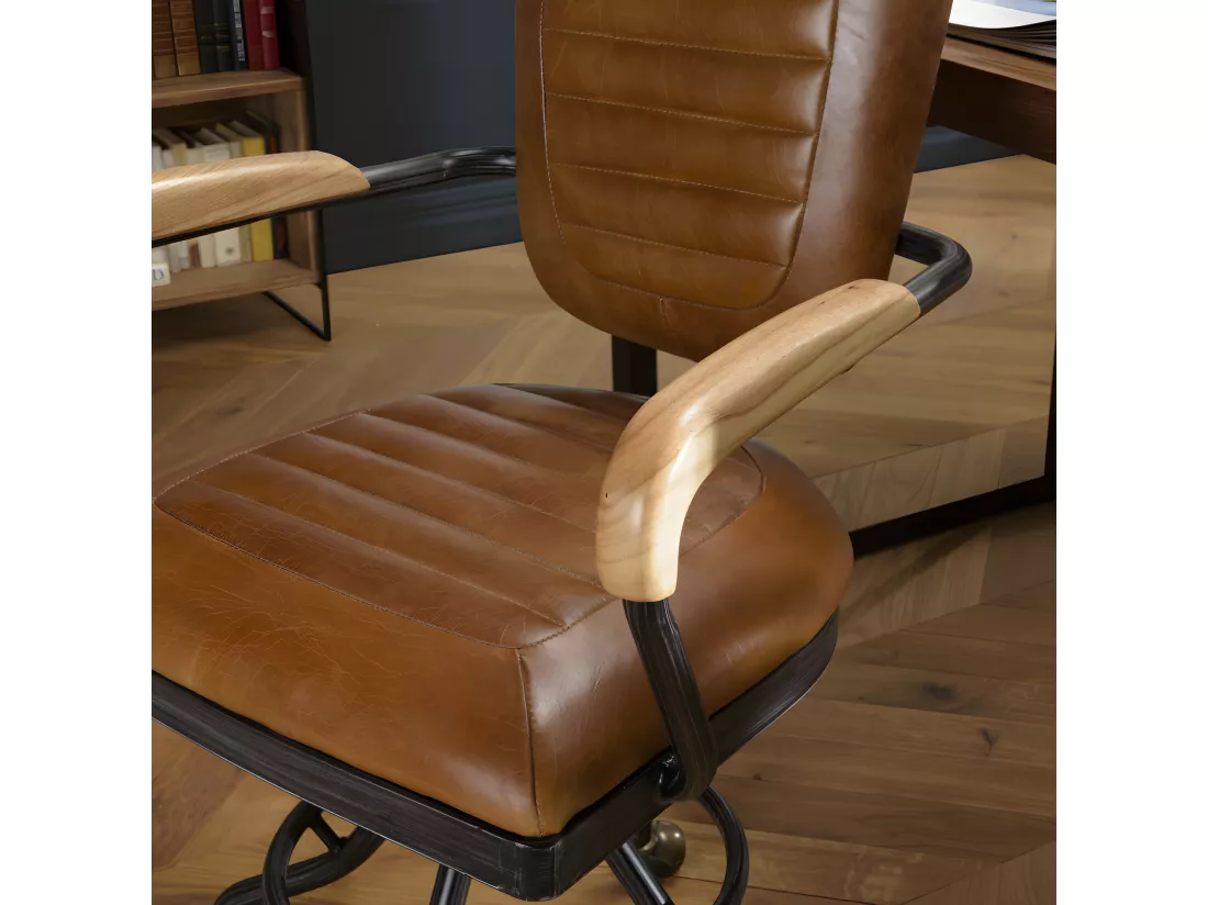 GASTON - Fauteuil DESK vintage cuir marron et métal noir à roulettes accoudoirs en bois