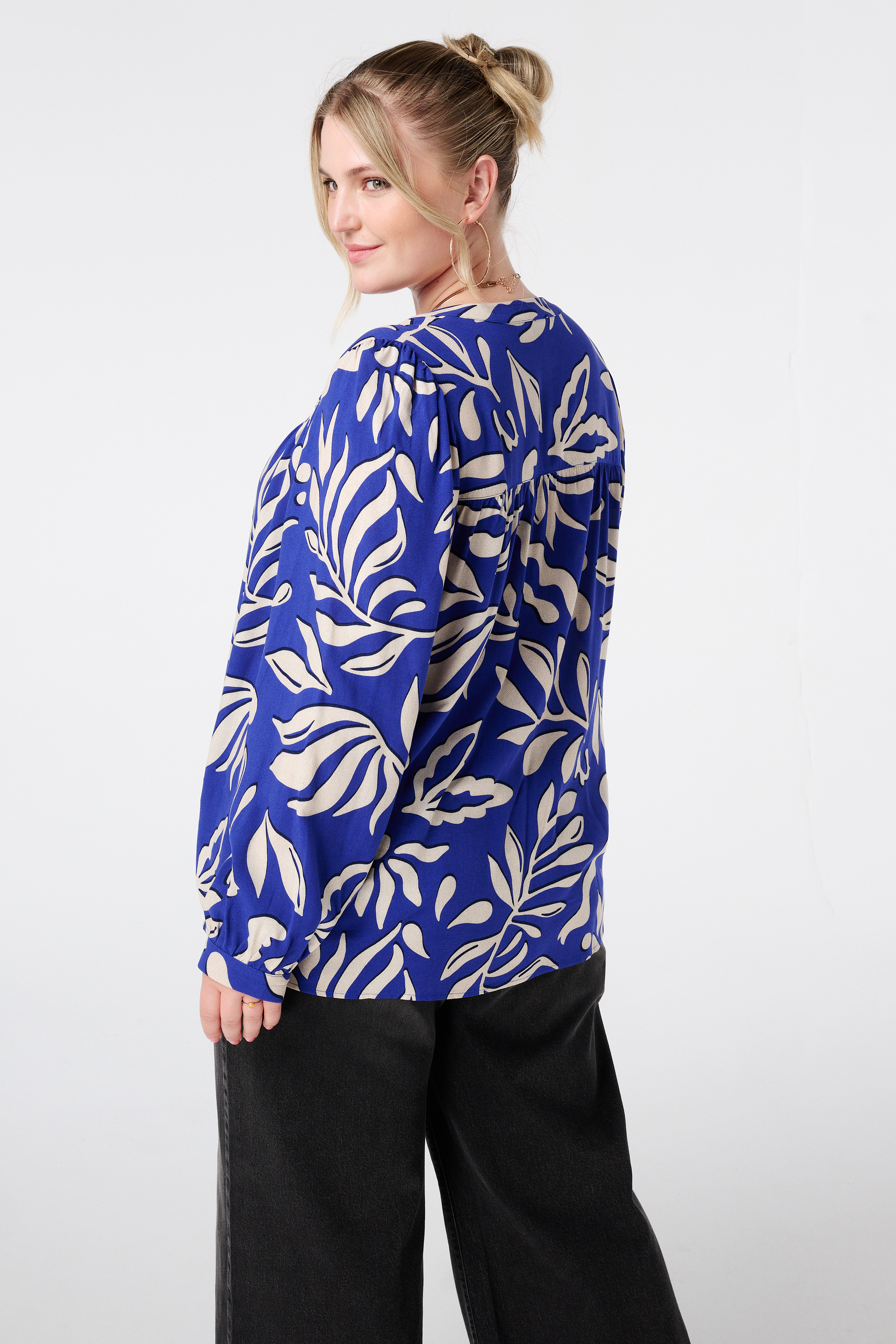 Blouse met print en klosjes Multi Kobalt blauw