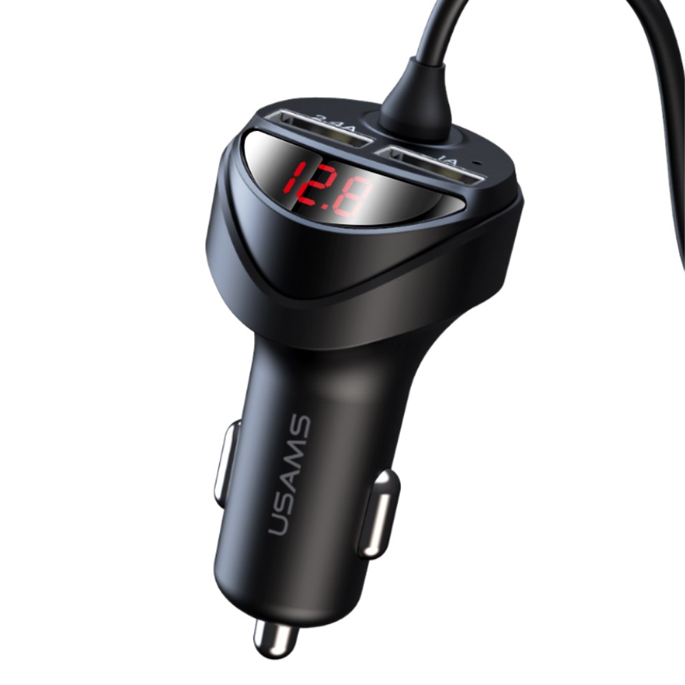 (bis 155cm / 3.4A) 3in1 USB A auf Lightning / Micro USB / USB C Spiral Ladekabel   Dual KFZ Ladegerät mit Display - Schwarz