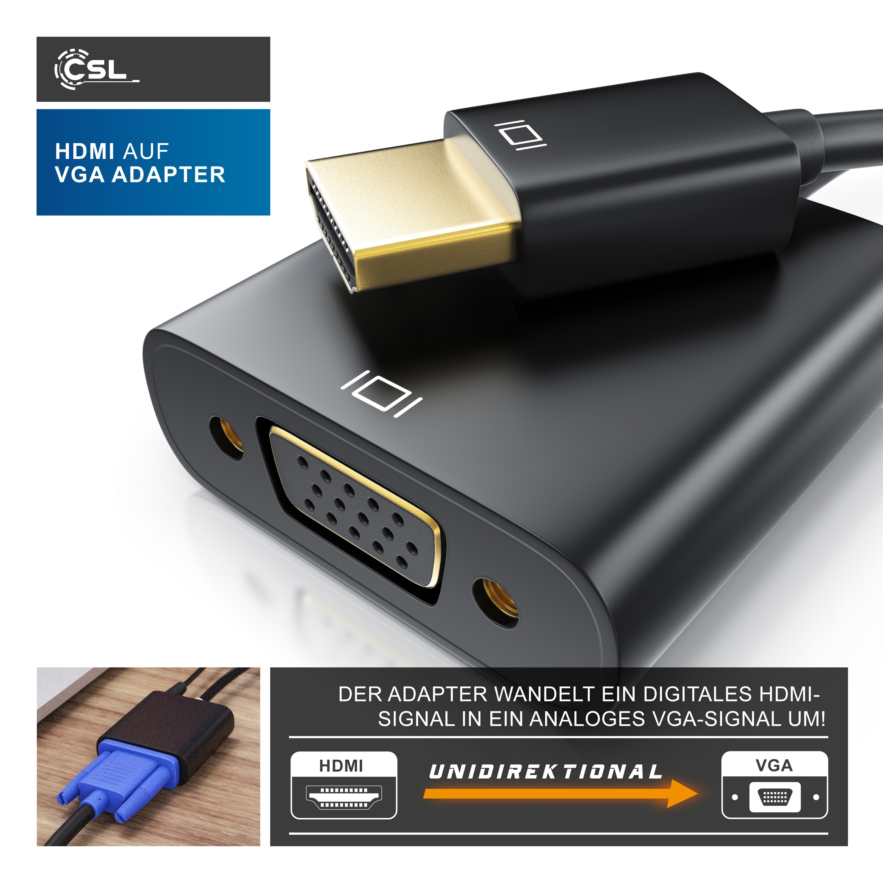 CSL HDMI auf VGA, 3,5-mm-Klinke Audio- & Video-Adapter, 10 cm, Konverterkabel 1080p, digital zu analog