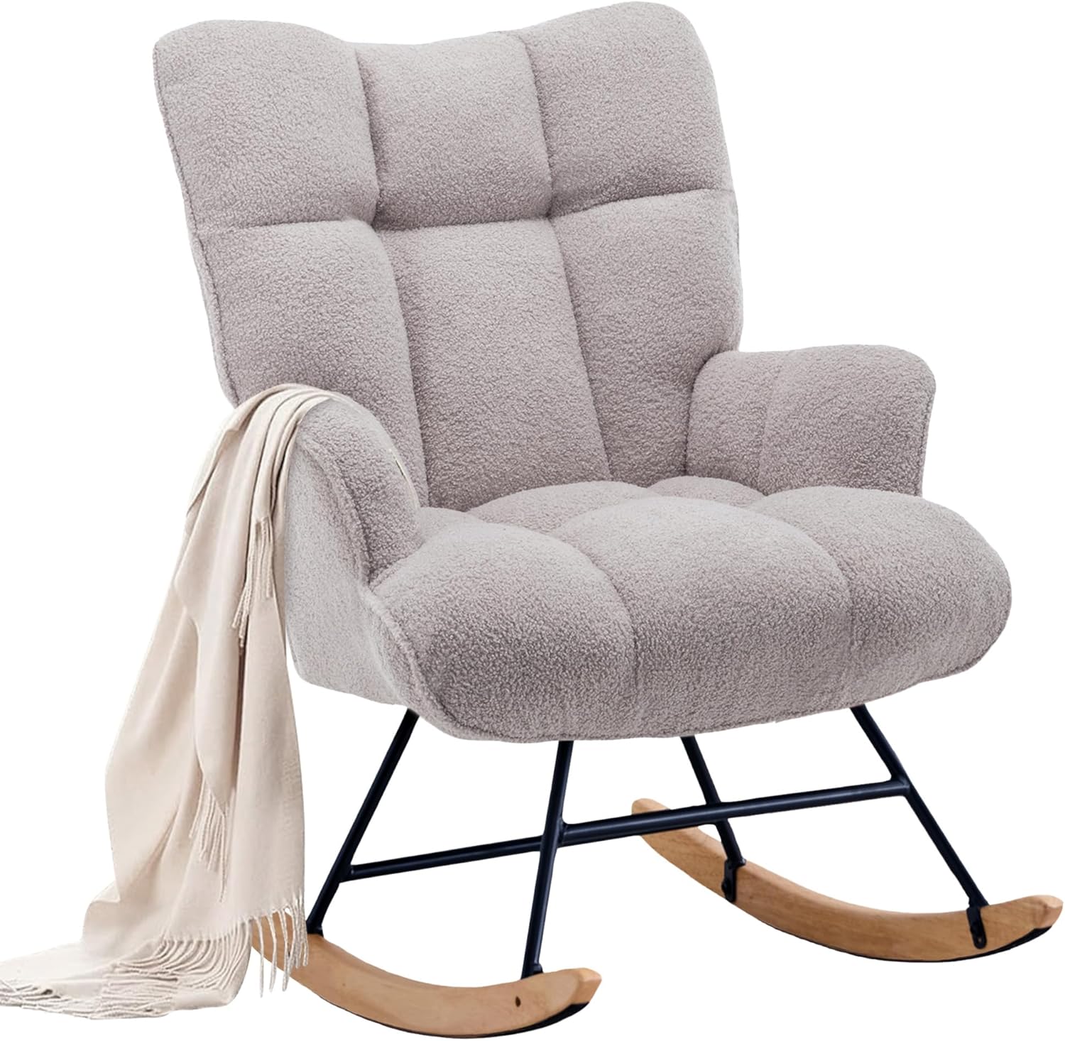 Schaukelstuhl Stillsessel Schaukelsessel mit Armlehnen Gepolsterter Schwingsessel Stillstuhl Sessel Relaxsessel für Wohnzimmer Schlafzimmer Babyzimmer, Bis 136 kg Belastbar, Grau