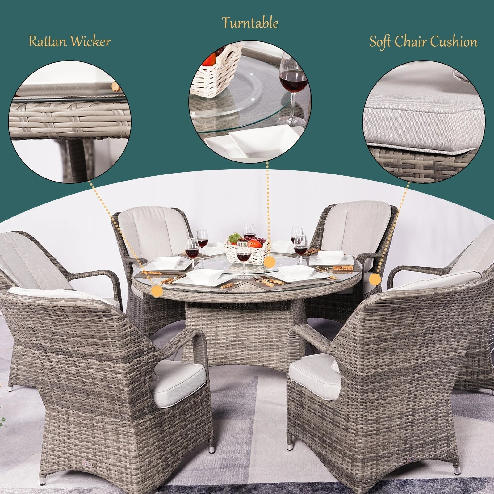 7 Pieces Outdoor Rattan Wicker Patio Round Dining Set with Cushions by Moda Furnishings