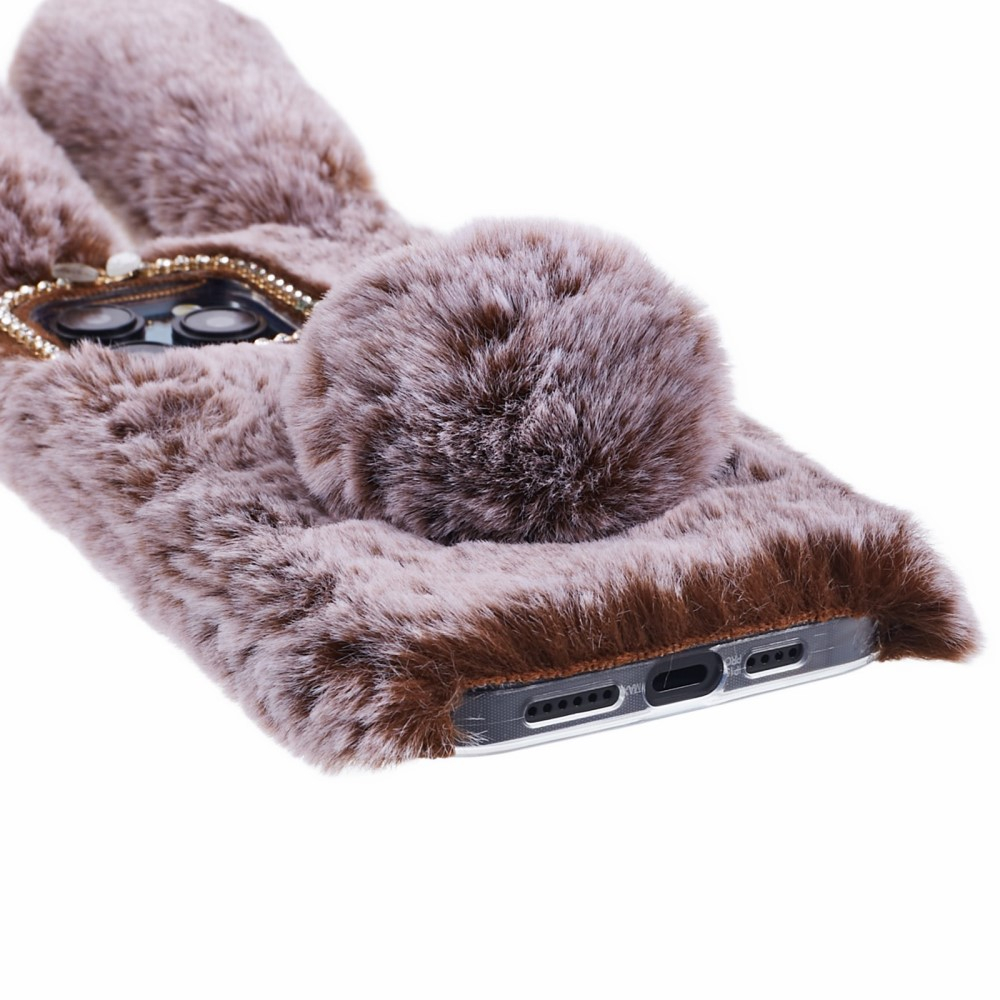 iPhone 15 Pro 3D Gummi Plüsch Case Hülle Bunny mit Flauschigen Hasenohren - Braun