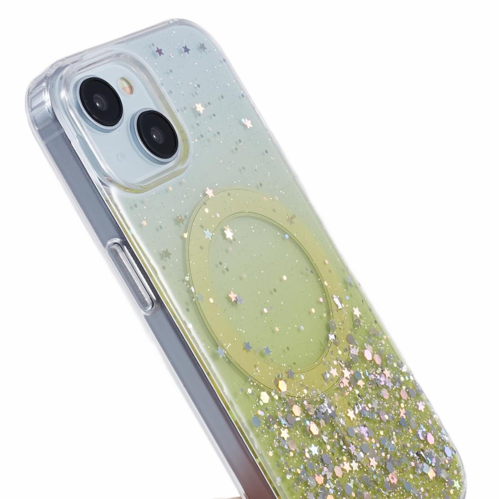 iPhone 13 MagSafe Hülle mit Acryl Rückseite und Farbverlauf im Glitzer Design - Gelb