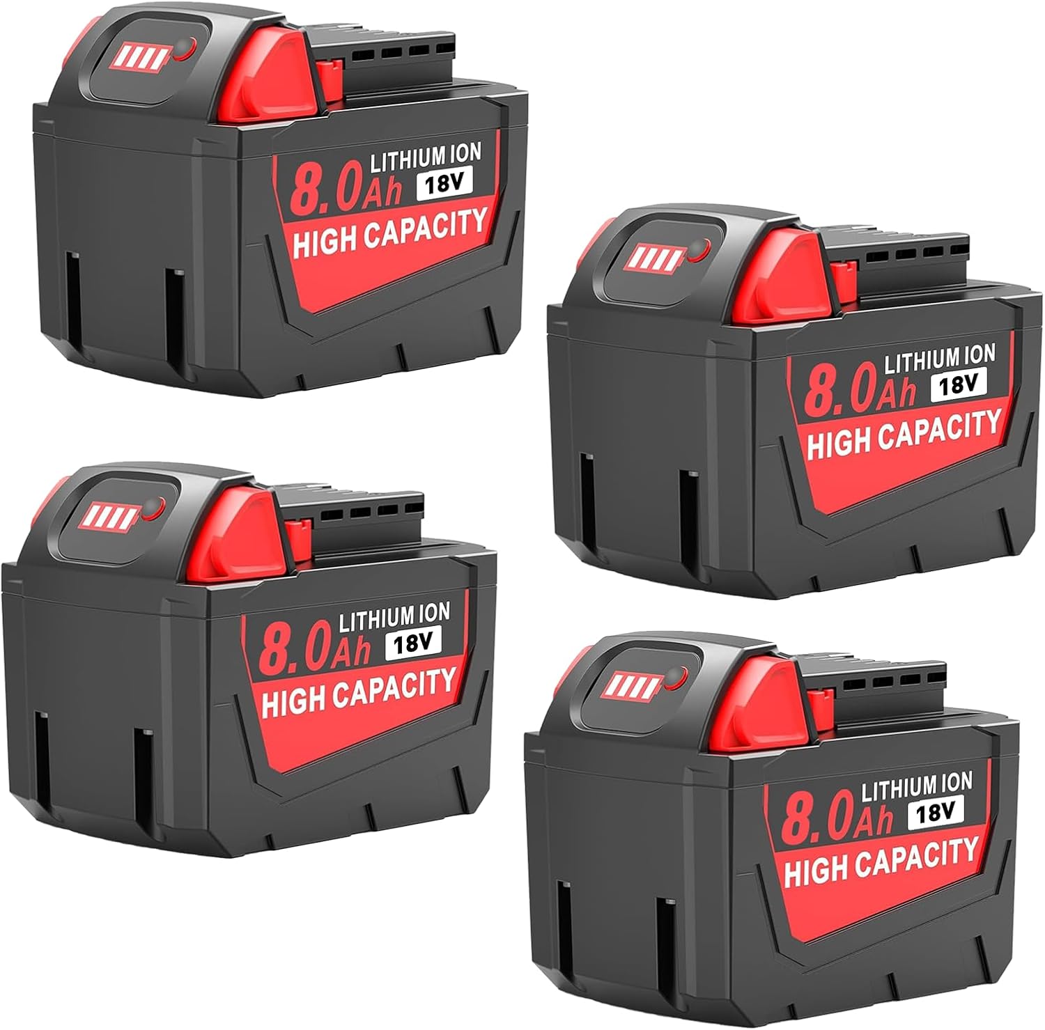 4 × 18V 8.0Ah Ersatz für Milwaukee Akku 18V, Kompatibel mit Milwaukee Akku M18 48-11-1852, 48-11-1850, 48-11-1840, 48-11-1830, 48-11-1820 mit LED-Anzeige (4 × 8.0Ah)