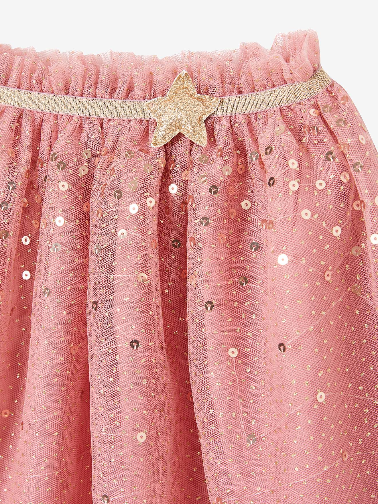 Saia estilo anágua feita de tule cravejado com lantejoulas e glitter rosa antigo.