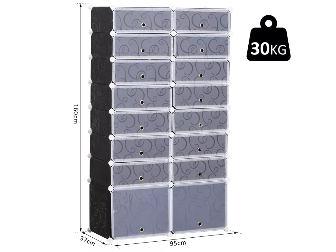 Armoire à chaussures range chaussures L 95 x l 37 x H 160 cm 14 cubes rectangulaires et 2 grands cubes noir et blanc