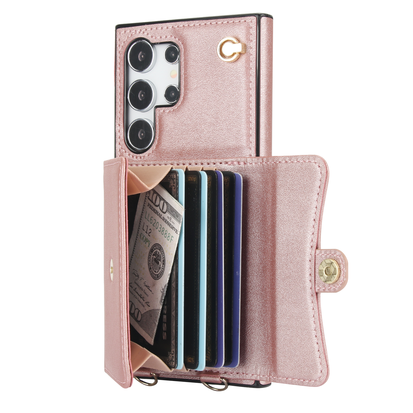 Samsung Galaxy S25 Ultra Necklace Leder Schutz Hülle mit Kartenfach   Handykette (140cm) - Roségold