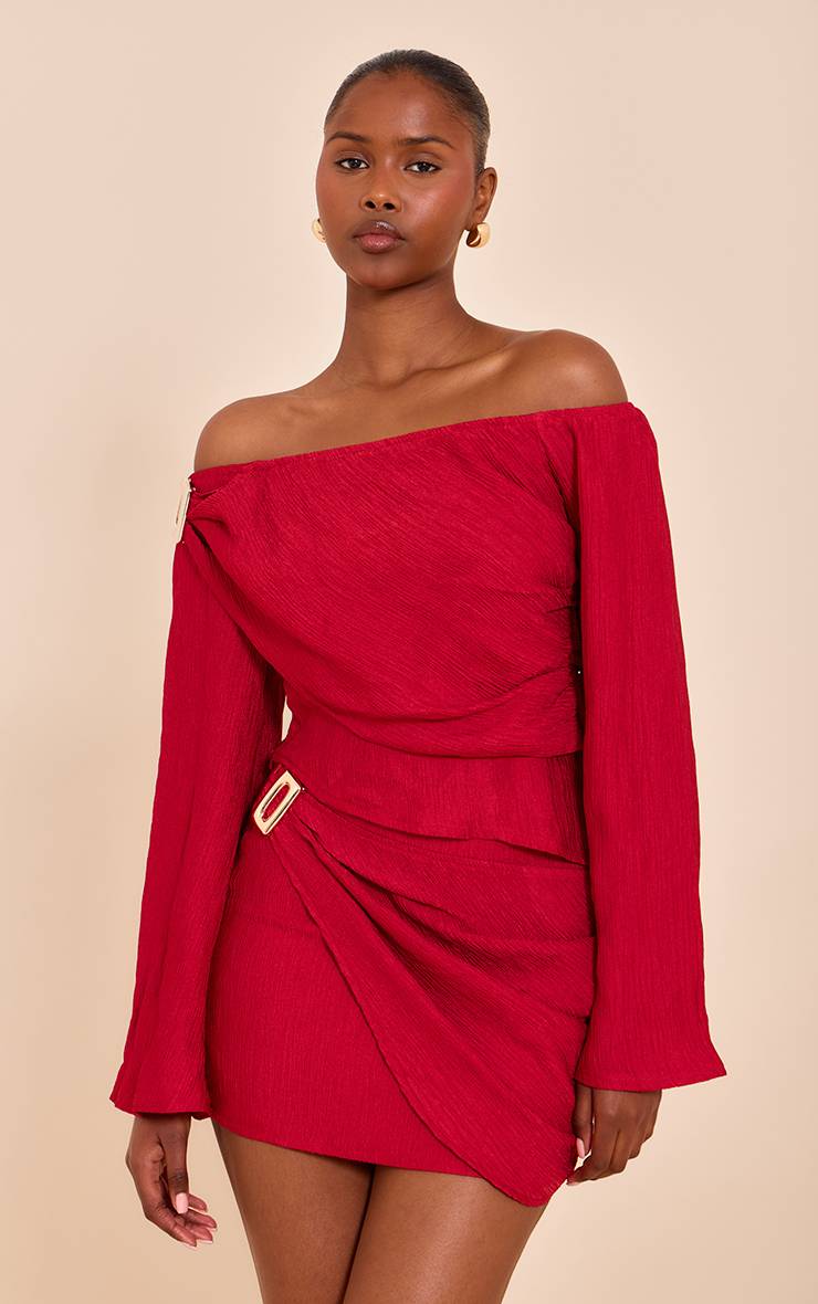 Rouge Tomate Ensemble Jupe Courte Texturée Taille Mi-haute