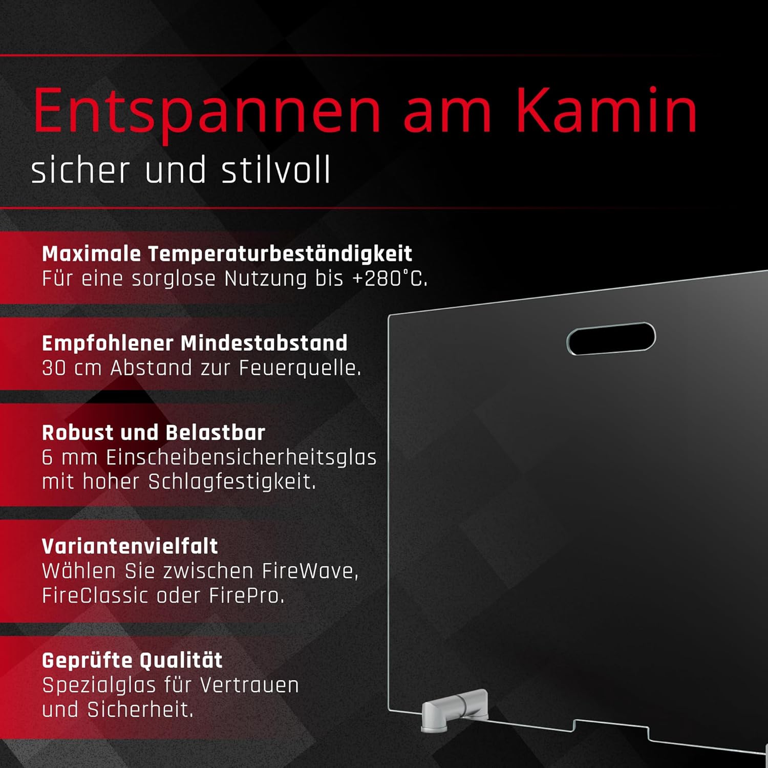 BIJON Kaminschutzgitter aus Spezial-Sicherheitsglas, Hitzeschutz Funkenschuztgitter, Ofenschutzgitter aus echtem ESG-Glas, Kamin Ofen Glas Funkenschutz FIREpro - 60 x 80 cm