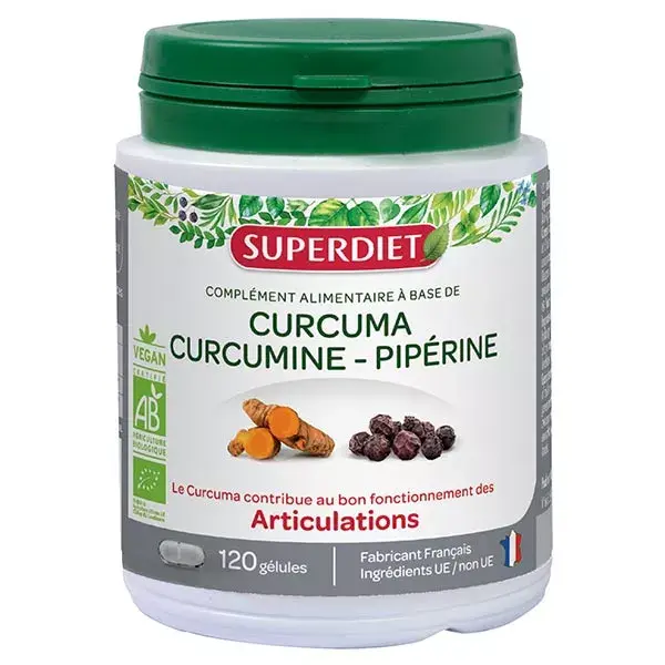Superdiet Organic Joint Support - Cúrcuma, Curcumina e Piperina - 120 cápsulas
