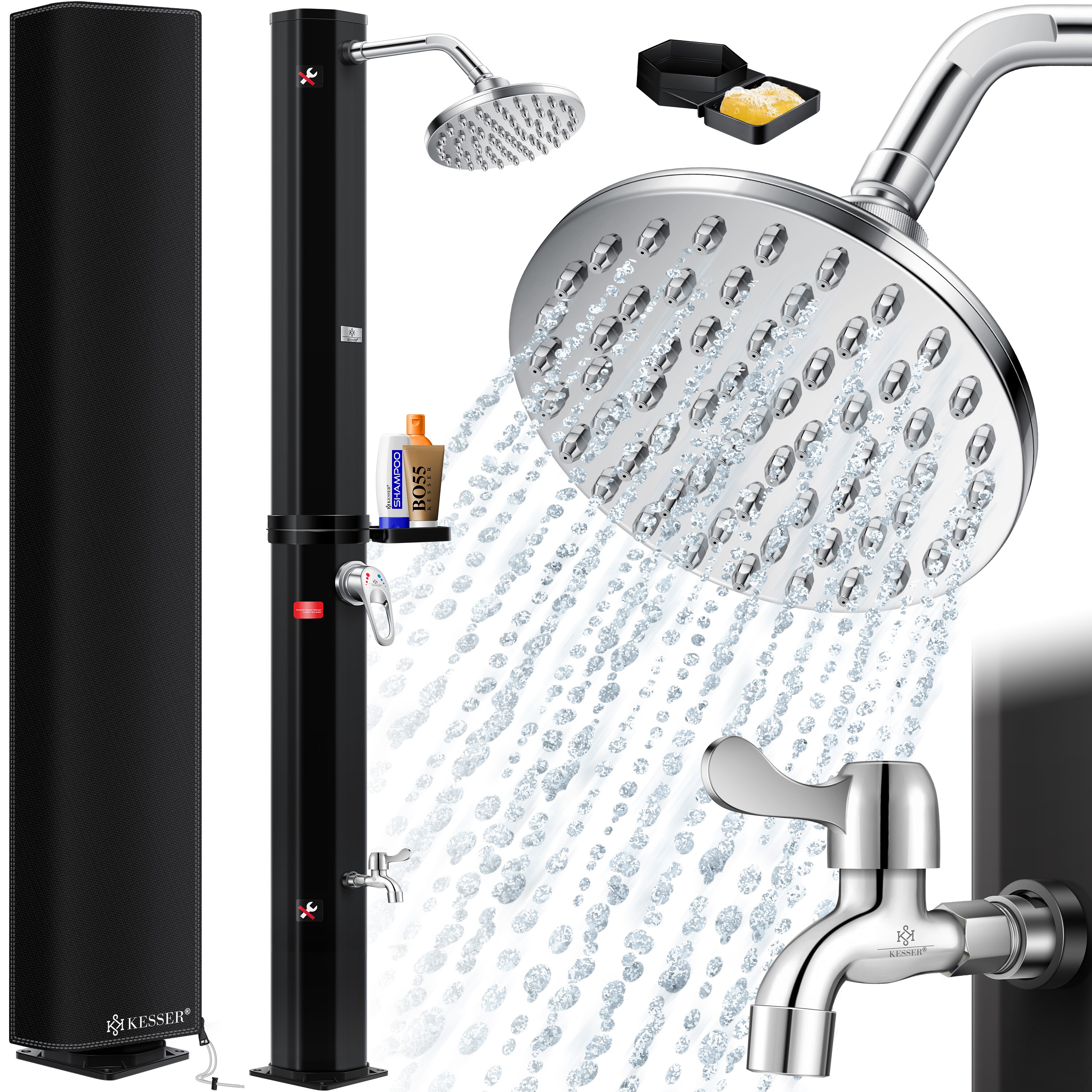 KESSER® Solardusche 35 Liter Solar Gartendusche + Metall-Duschablage | warmes Wasser |max. 60°C | ohne Stromanschluss | Pooldusche Camping| Regenduschkopf und Wasserhahn | Gartenschlauch-Anschluss |