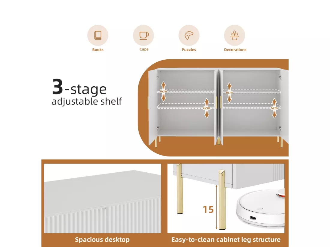 Buffet 160x35x100cm - 4 portes - en panneaux de particules - Blanc