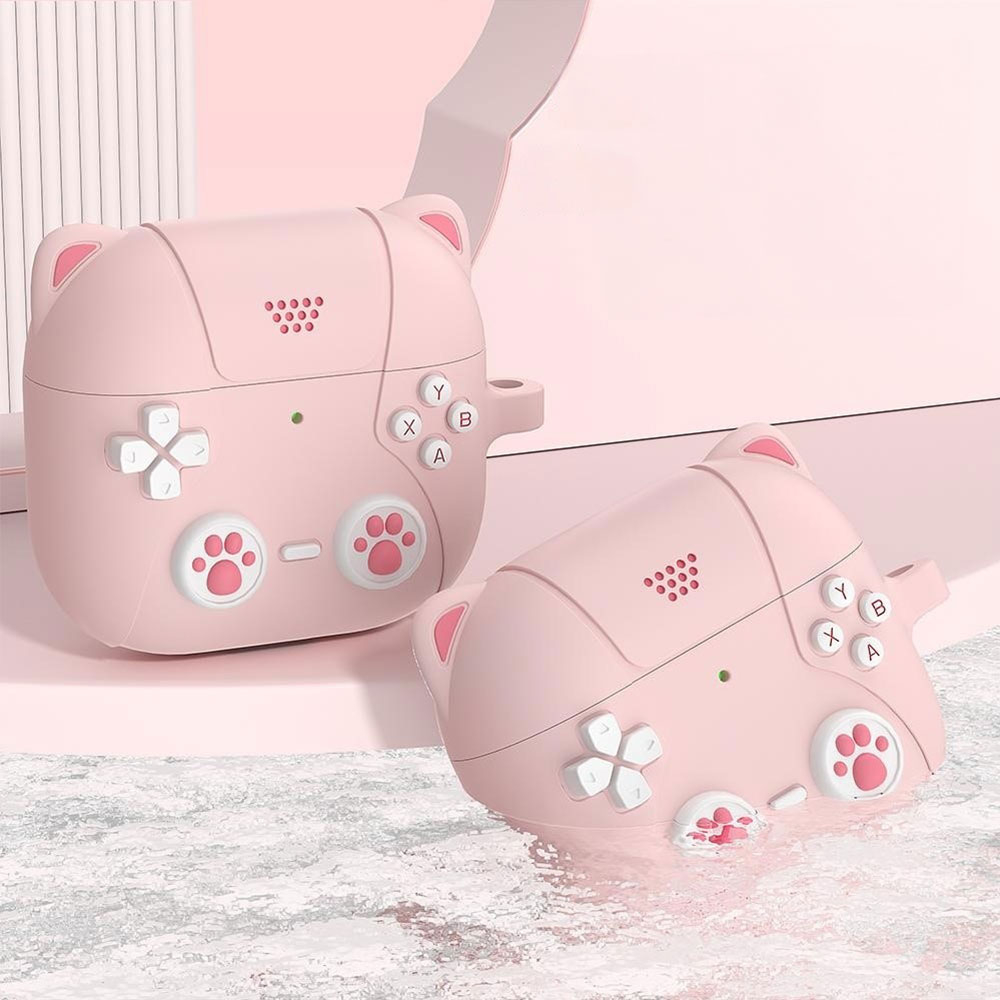 AirPods 4 Gummi Schutzhülle Retro Spielekonsole mit Katzenohren Abdeckung mit Karabinerhaken - Lila