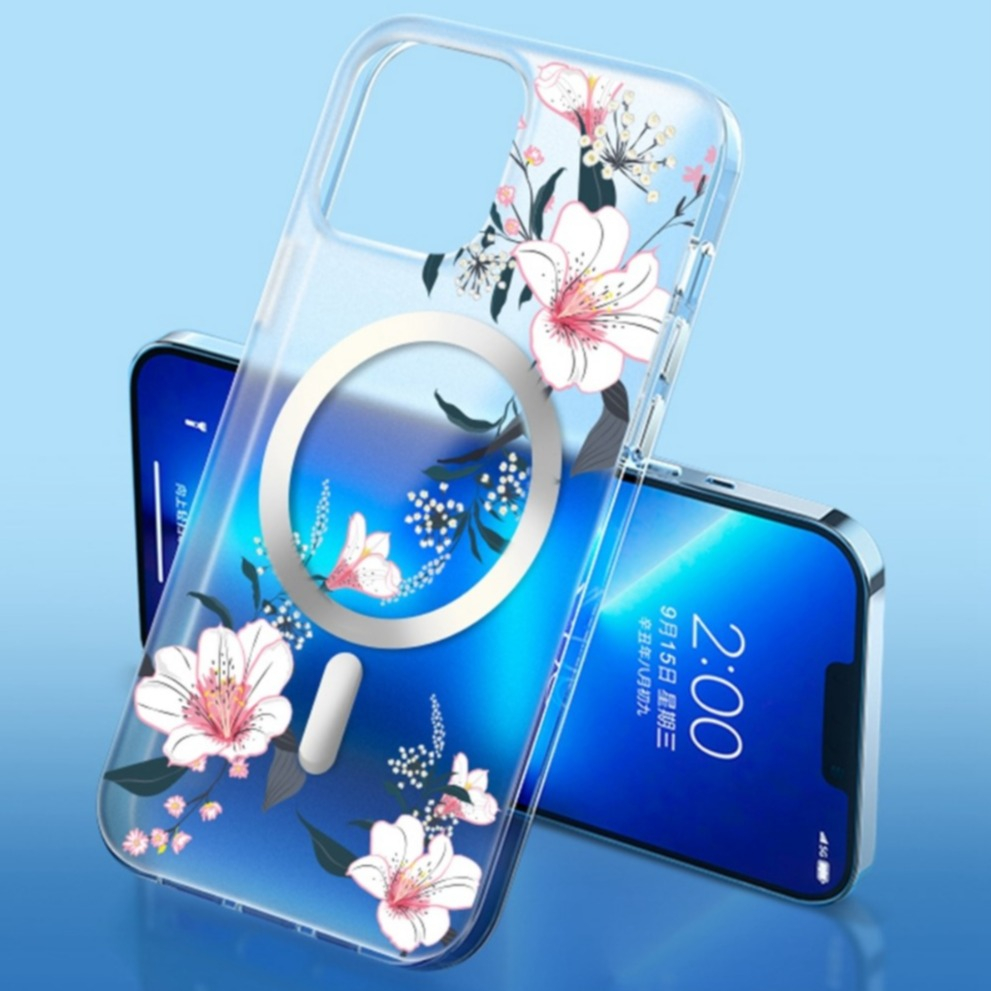 iPhone 14 Pro MagSafe Hybrid Hülle TPU Bumper Acryl Rückseite - Sakura Blumen