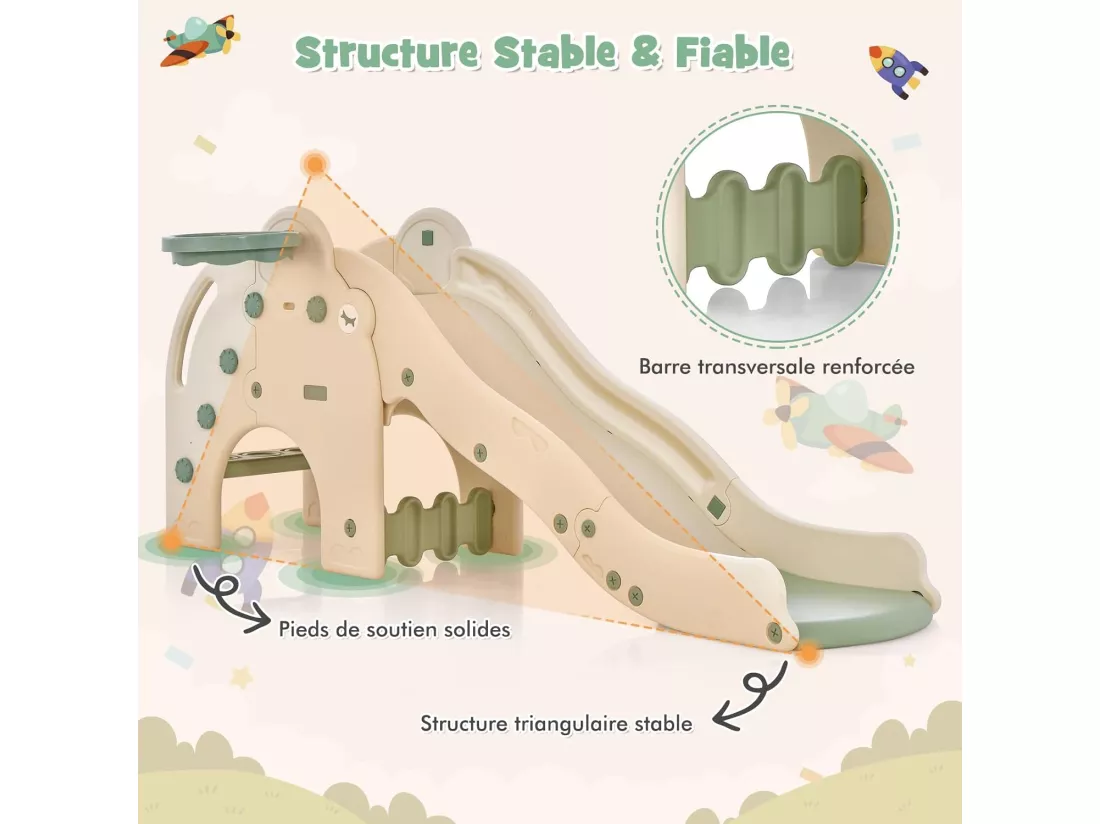 4 en 1 Toboggan Enfant en Forme Éléphant avec Panier de Basketball, en HDPE avec Ballon, Aire de Jeux pour Glisser & Grimper, Charge 50kg pour 18 Mois+ (Vert)