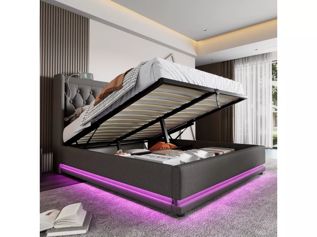 Lit coffre 140 x 200 cm avec tête de lit - Prises USB et Type-C - LEDs - Tissu en coton - Gris (sans matelas)
