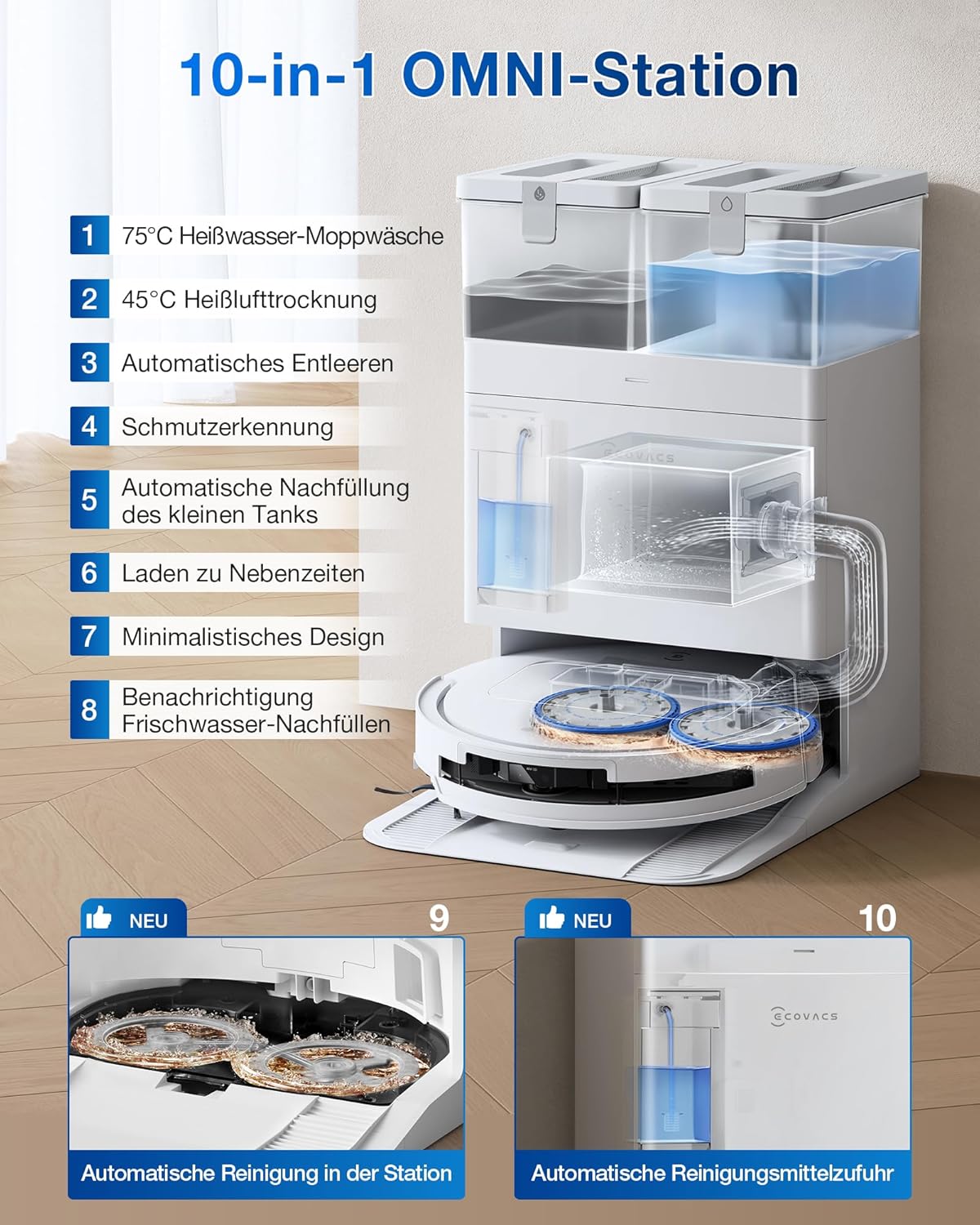 ECOVACS DEEBOT T50 PRO Omni Saugroboter mit Wischfunktion, ausfahrende Seitenbürste und Wischmopp, 15.000 Pa, Auto Zugabe von Reinigungslösung, Moppwäsche mit 75°C heißem Wasser, ultradünn 81 mm,Weiß