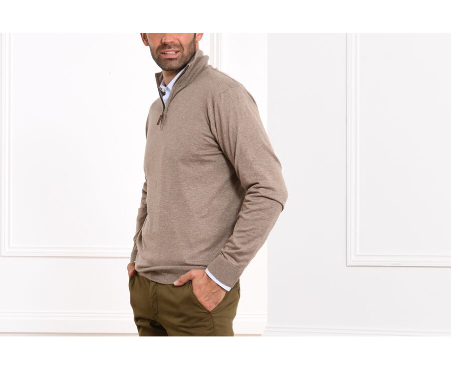 Pull col zippé homme fin coton bio/cachemire Taupe Chiné - VLAD