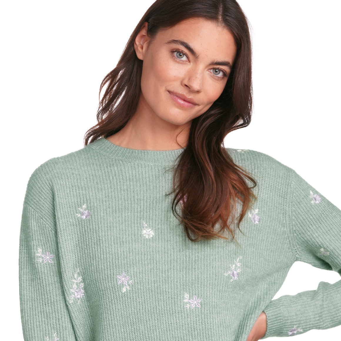 Gina Damen Strickpullover mit Stickerei salbei