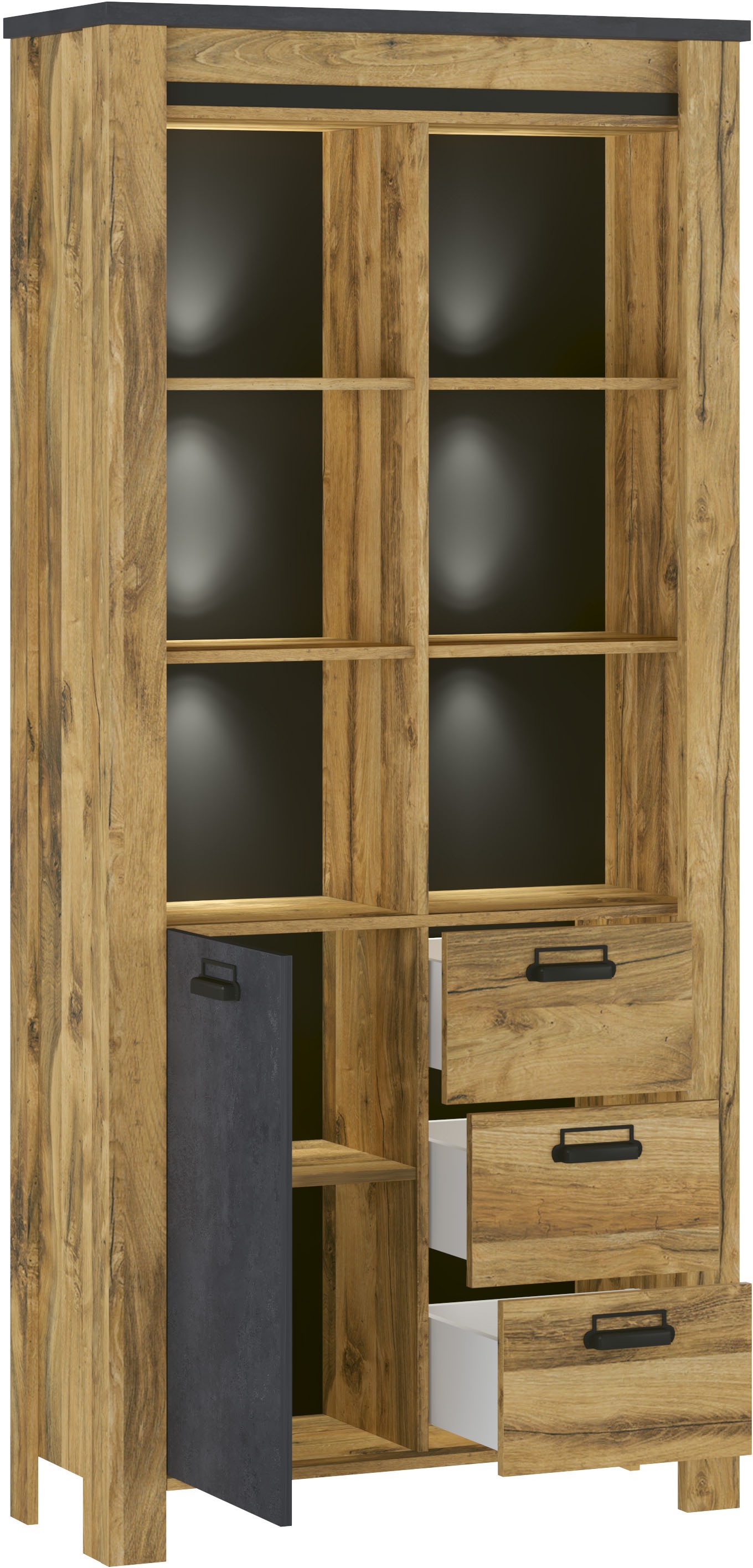 Home affaire Vitrine »York, moderner Hochschrank, Schrank in Hunton Oak Dekor« mit Apothekergriffen aus Metall, Industrialdesign, 200 cm hoch