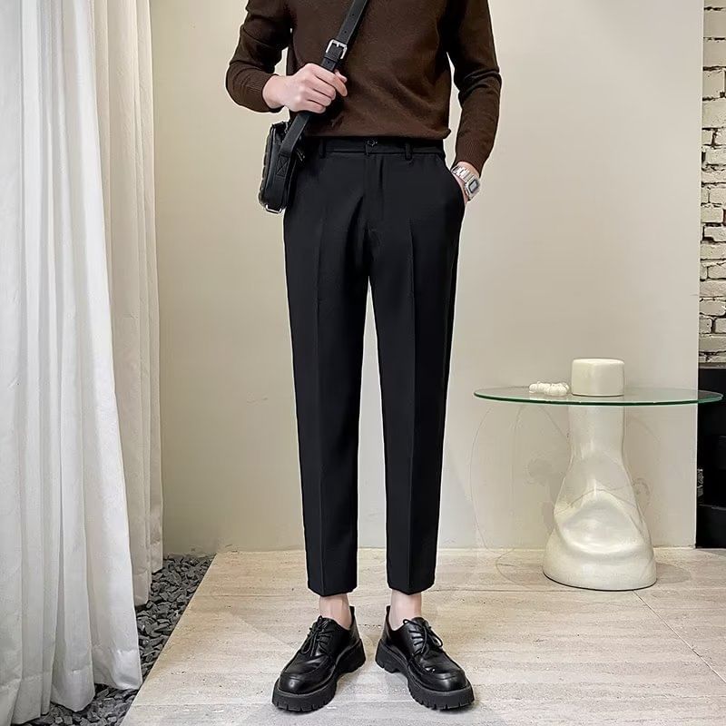 Lingaris - Mid Rise Plain Cropped Straight Leg Dress Pants