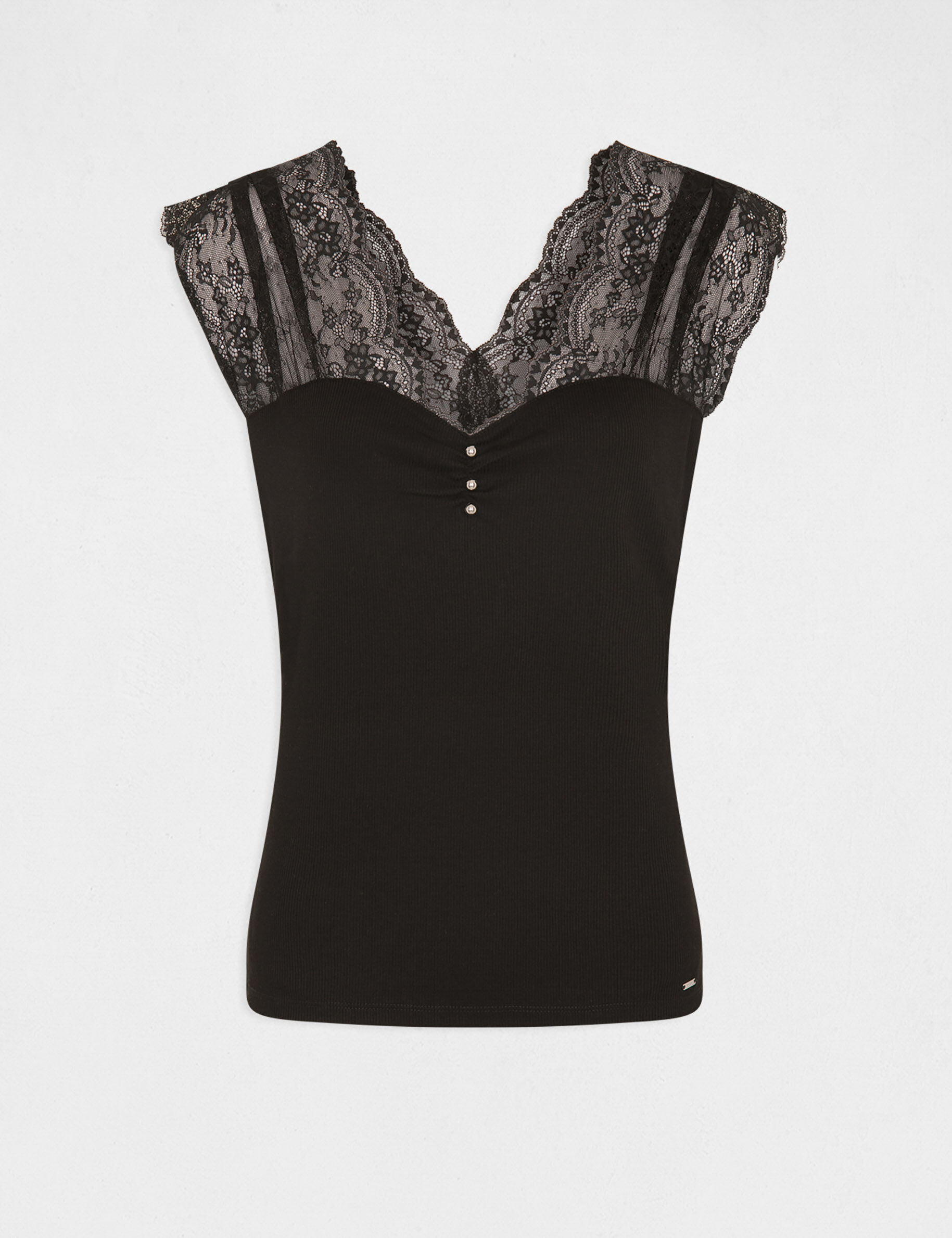 T-shirt manches courtes avec dentelle noir femme - noir