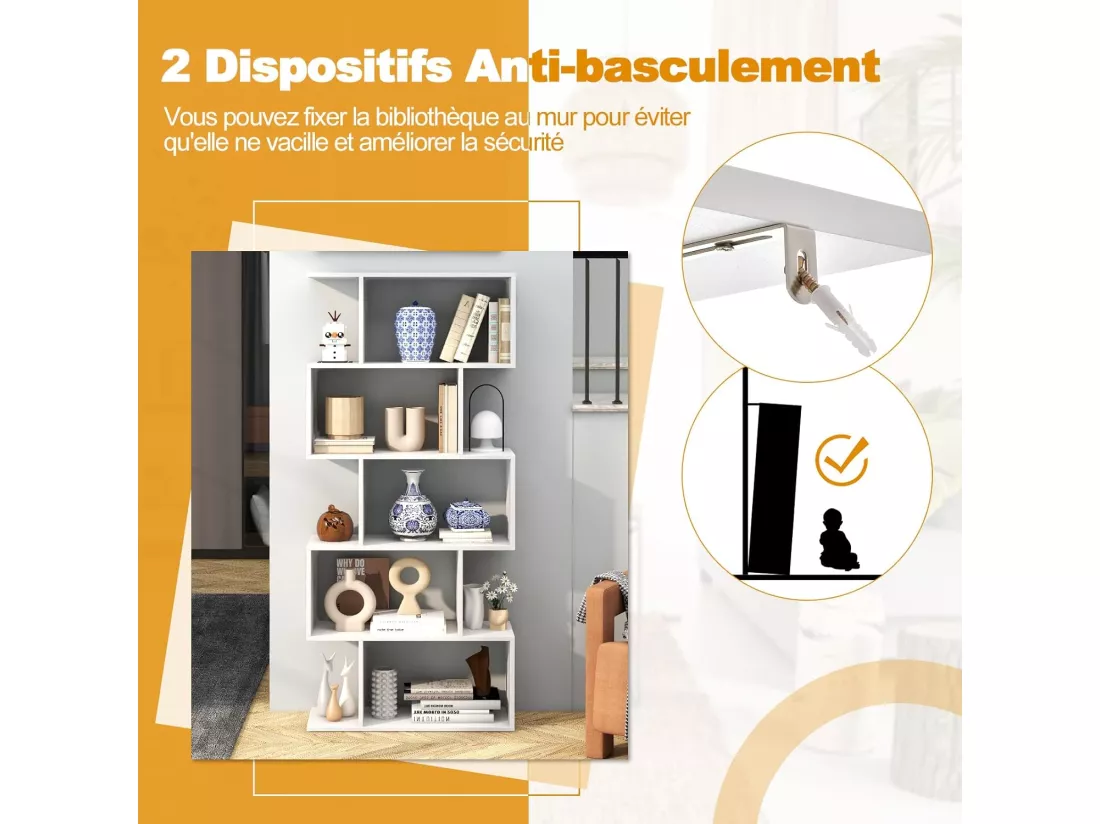 Bibliothèque en Forme de S, Étagère à 5 Niveaux, Meuble de Rangement avec Anti-basculement, 70 x 23,5 x 158 cm, Blanc