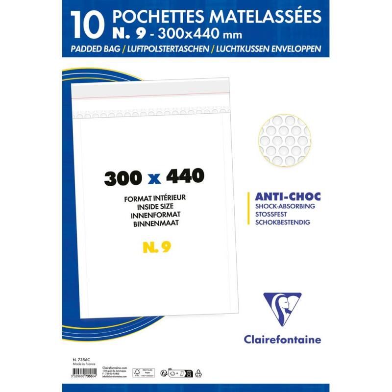 Paquet de 10 Pochettes Blanches Matelassées de Film à Bulles 300x440 mm - Auto-adhésives - Blanc